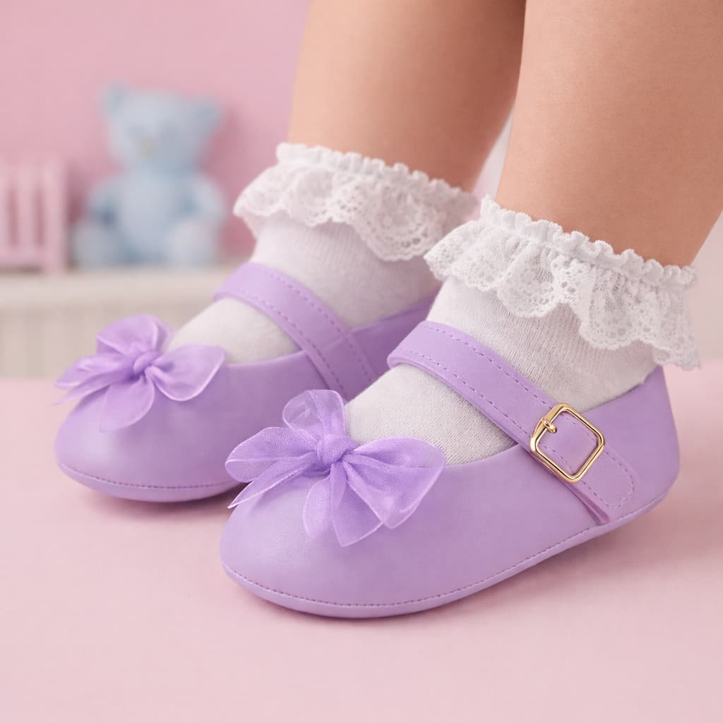 Sapatilha bebê lilás com laço voal  super luxuosa macia e confortável
