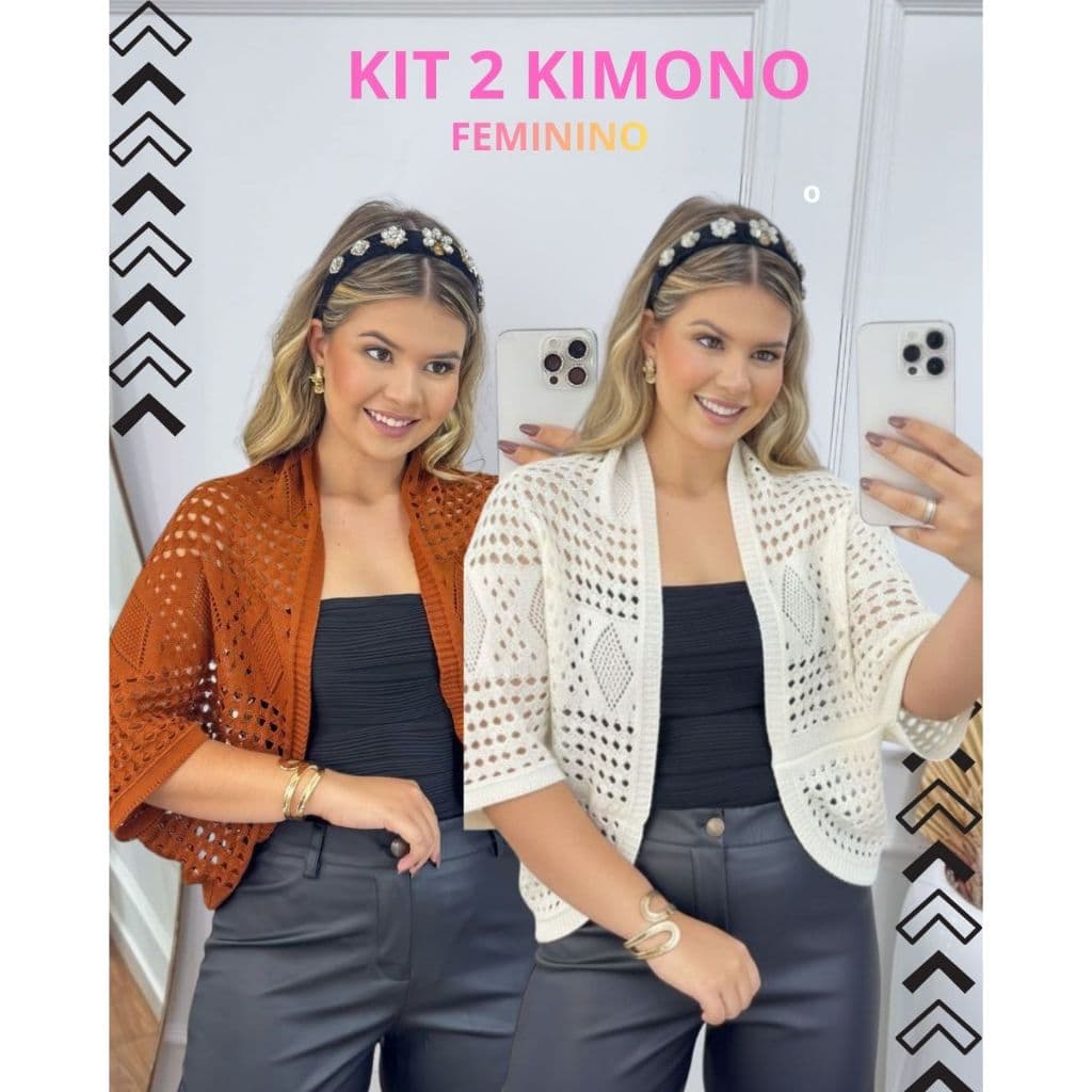 Kit 2 Kimonos Cardigam Feminino Detalhe em Crochê Furadinho Básico Casual Elegante Meia Estação