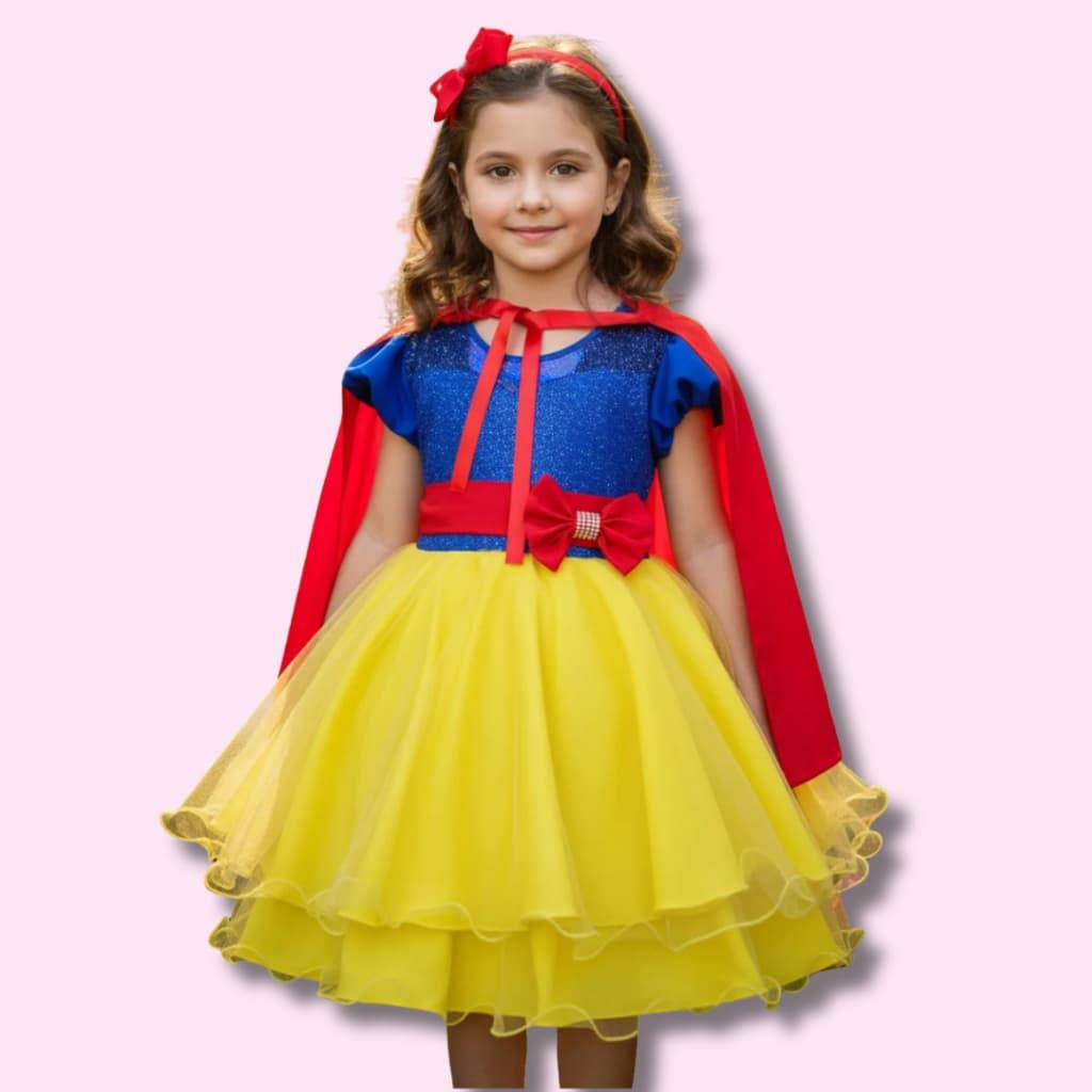 Vestido Infantil E Juvenil Festa Curto Princesa Branca de Neve com Capa Fantasia