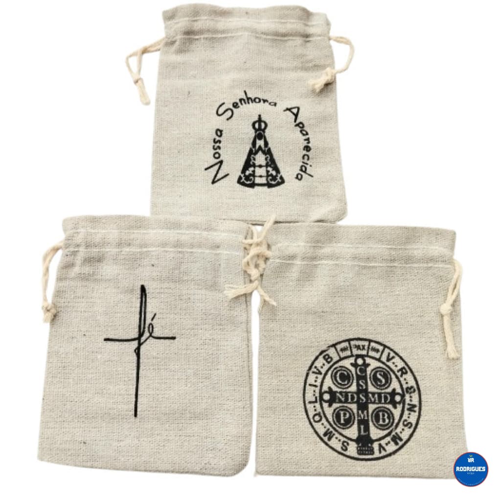 kit 12 saquinhos Linho Juta  Nossa Senhora Aparecida , Fé e São Bento Lembrancinha Religiosa