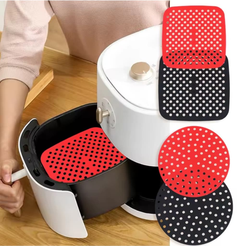 Forro Tapete em Silicone Para Air Fryer  Fritadeira Elétrica Quadrado ou Redondo Vermelho Preto