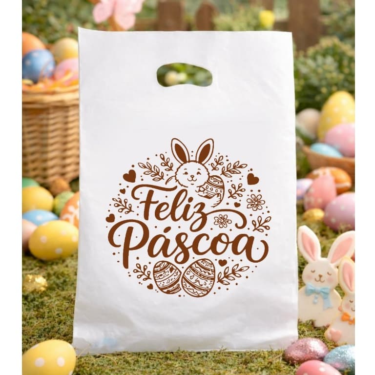 Sacolas Plástica 30x40 (25 - 50UN) - Frase Feliz Páscoa