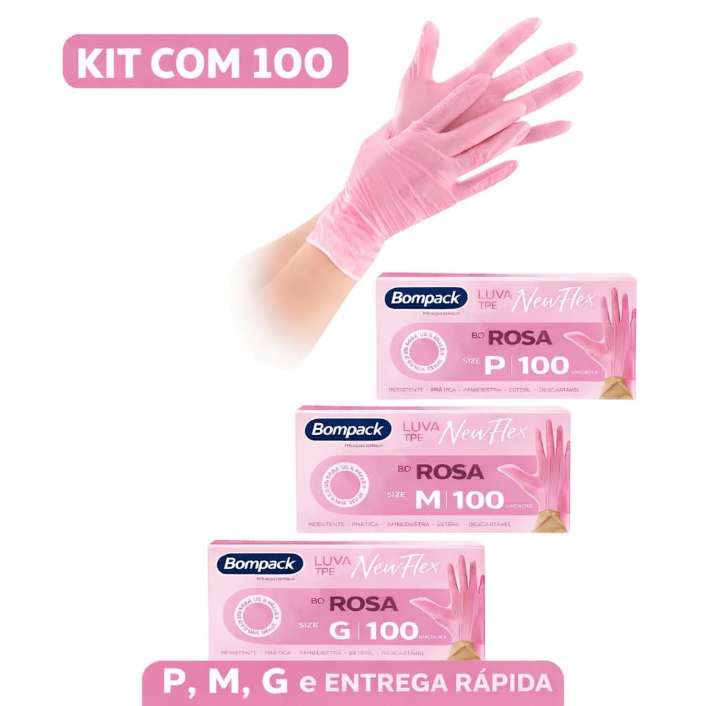 Luva Rosa Sem Pó Newflex Bompack TPE 100 Unidades | Alta Resistência Cuidado Limpeza Alimentos