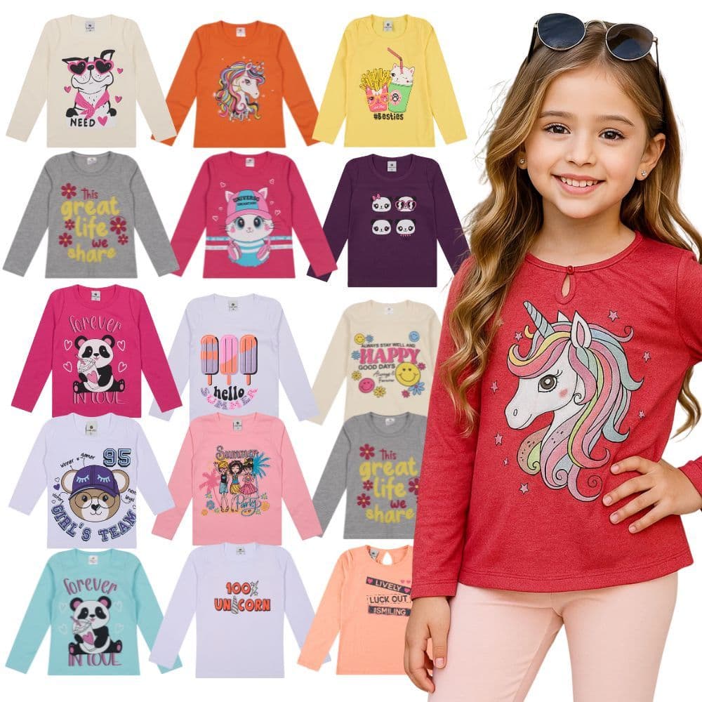 Kit Blusa Manga Longa Infantil Feminina 100% Algodão - Sortidas - Roupa Infantil Menina Confortável