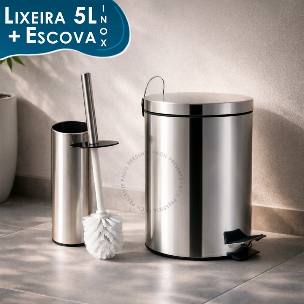 Kit Lixeira 5 Litros Com Pedal + Escova Sanitária Inox Ou Lixeira 5L Banheiro Limpeza Não Enferruja