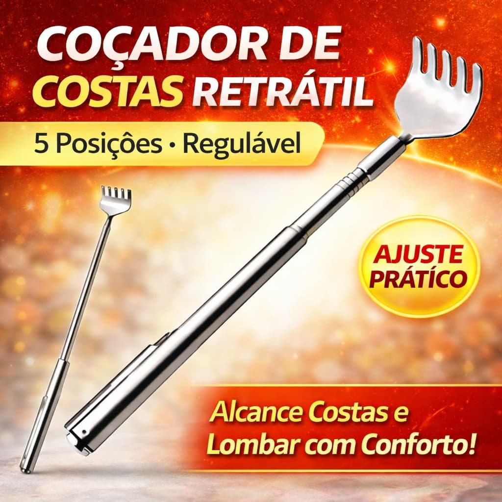 Coçador de Costas Retrátil Regulável em Aço Inox – Mãozinha com 5 Posições Cor Prata