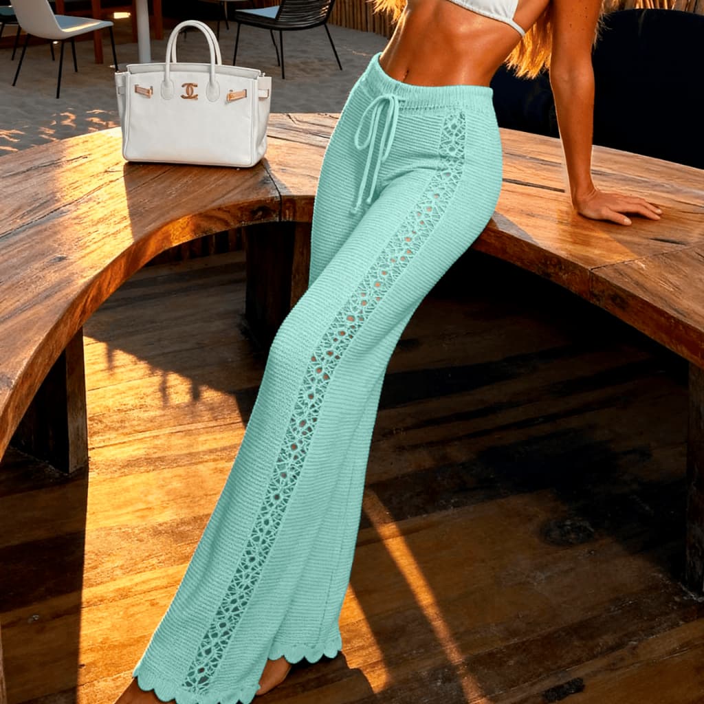Calça Feminina Saída De Praia Cintura Alta Elegante Vazado Tricot Croche Premium Moda Verão