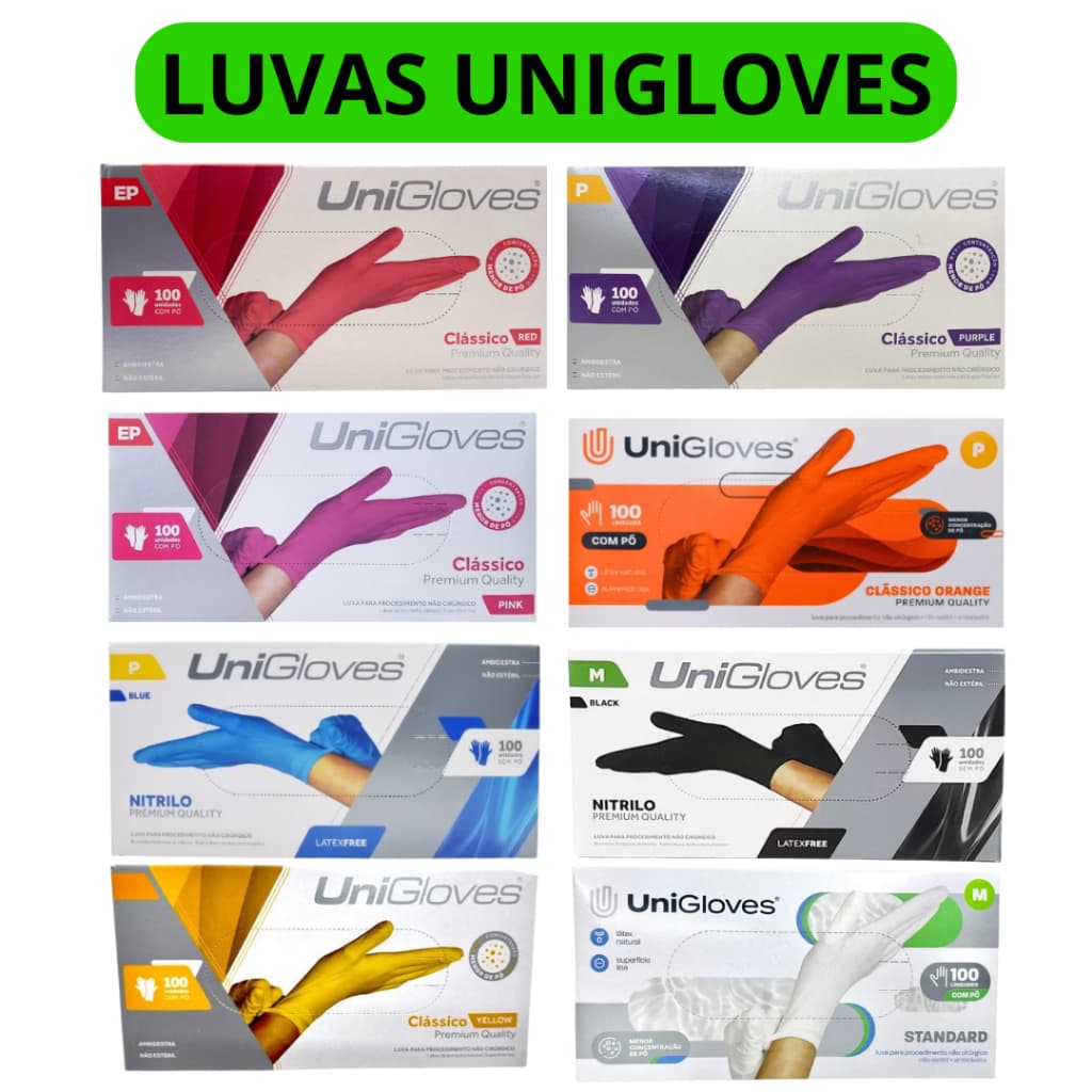 Luvas Unigloves Rosa/Roxa/Vermelha/Laranja/Azul/Preta- Látex e Nitrílica 100un - Unigloves