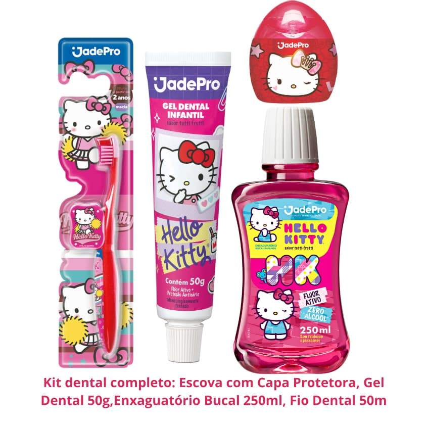 Kit Higiene Dental Hello Kitty 4 Itens: Escova com Capa, Gel Dental 50g, Enxaguante 250ml e Fio 50m