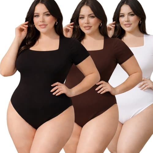 Kit 3 Body Plus Size Feminino  Decote Quadrado Manga Curta Suplex Moda Verão Tendência Basico P002