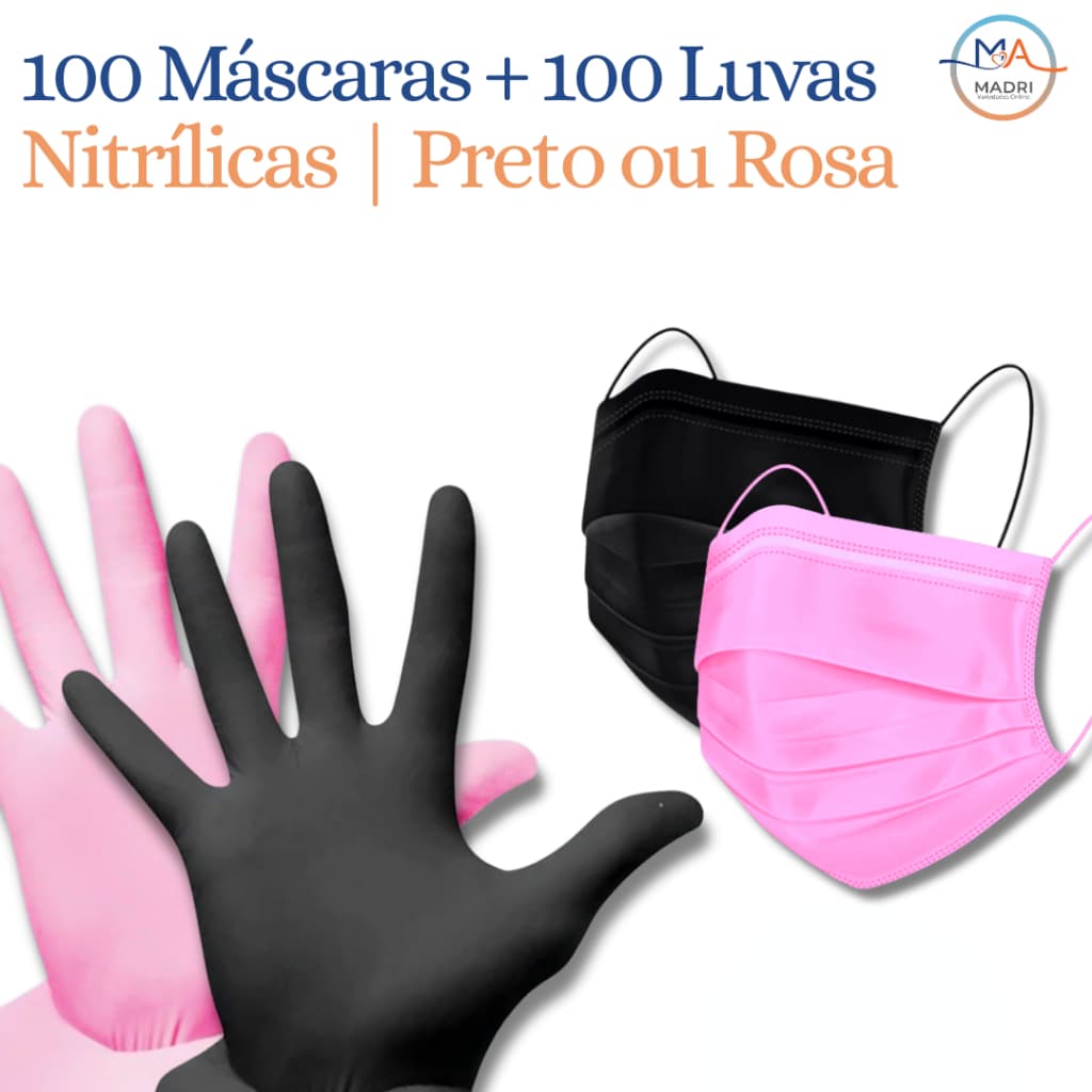 Kit 100 Máscara Descartável + 100 Luva Nitrílica | ROSA E PRETO - Estética, Higiene e Cuidado