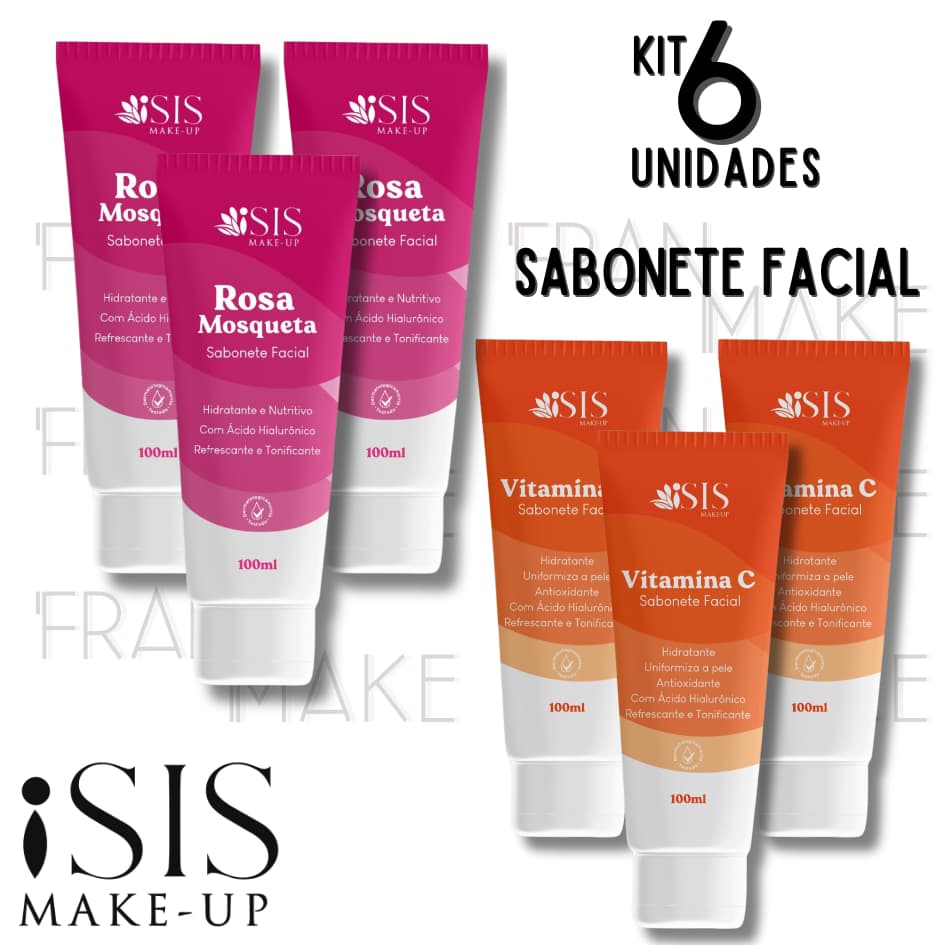 Kit Com 6 Sabonete Liquido Facial Hidratante Isis 100ml ou 3 Rosa Mosqueta + 3 Vitamina C, Isis Make-Up
