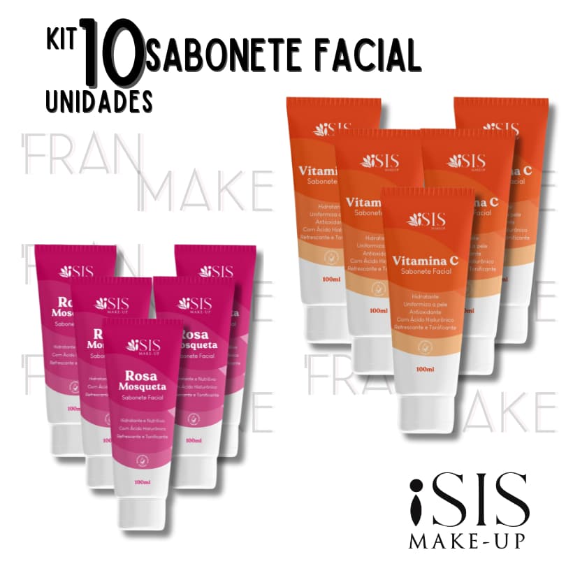 Kit com 10 Unidades de Sabonetes Liquido Facial Hidratante Ou 5 ROSA MOSQUETA+ 5 VITAMINA C com Acido  Hialurônico- Isis