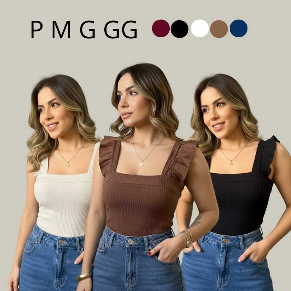 Blusa Regata Canelada Babado Alça Blusinha Elegante Casual Dia a Dia