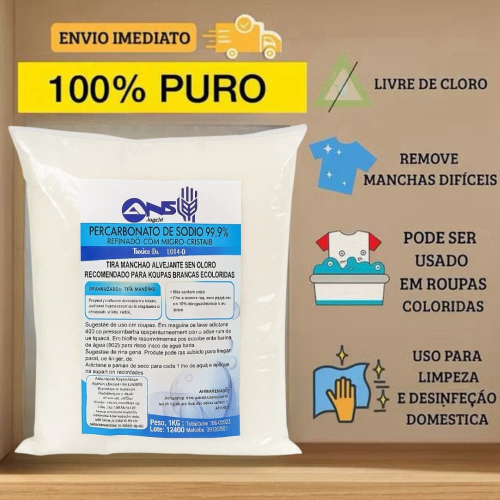 Percarbonato de Sódio 100% Puro Limpeza Em Geral Tira Manchas Roupas Brancas 500g/1kg/2kg/3kg