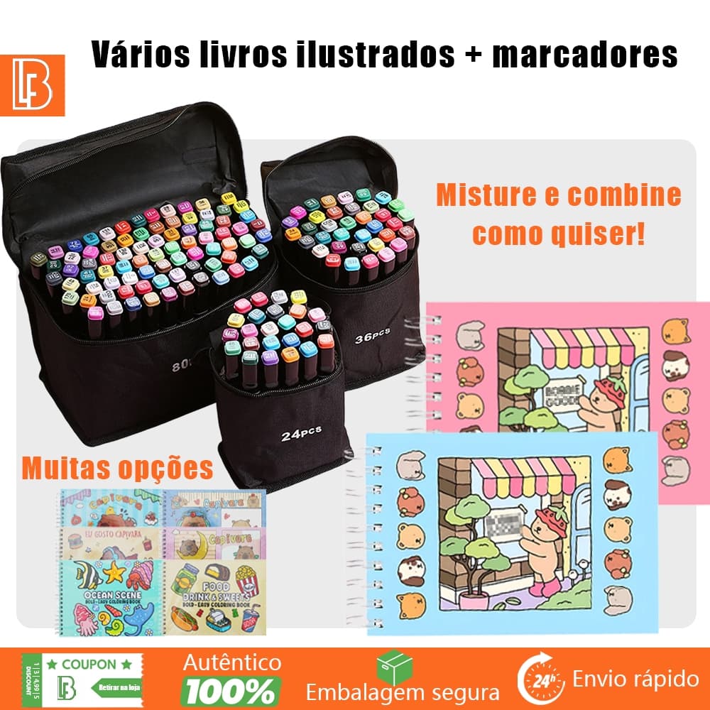 Kit Livro De Colorir Capa Dura 50 Páginas + 24/36/48/60/80 Cores Caneta Marcadora Com Ponta Dupla Belifou