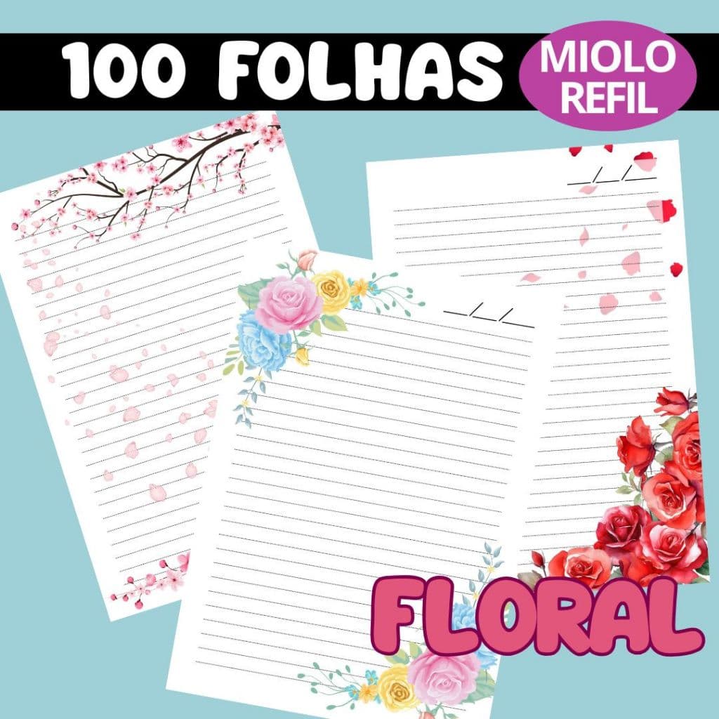 Miolo Pautado Decorado Floral | 100 Folhas | Refil para Fichário e Caderno | Tamanhos A5 e A4