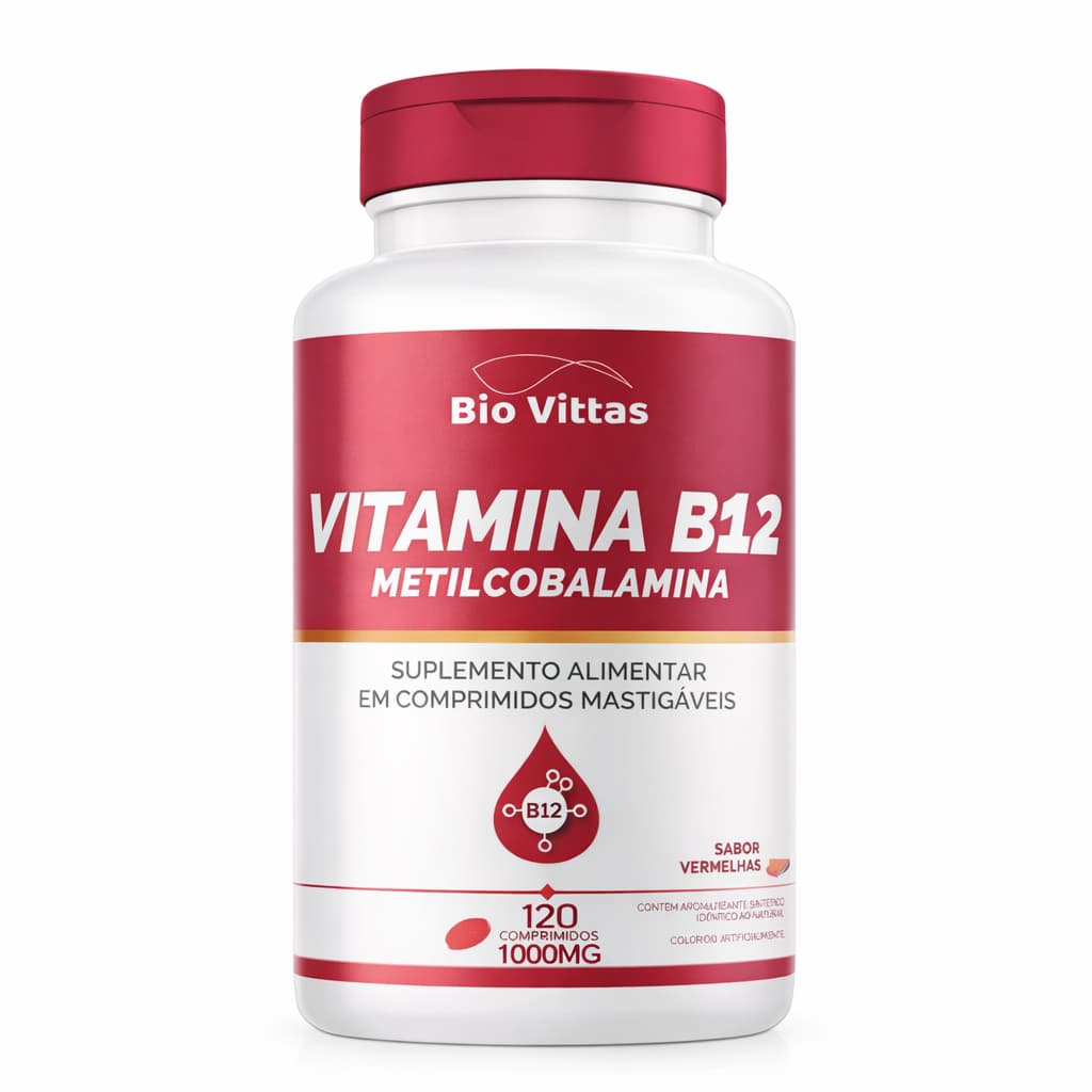 B12 VITAMINA METILCOBALAMINA 120 COMPRMIDOS MASTIGÁVEIS SABOR FRUTAS VERMELHAS - BIO VITTAS