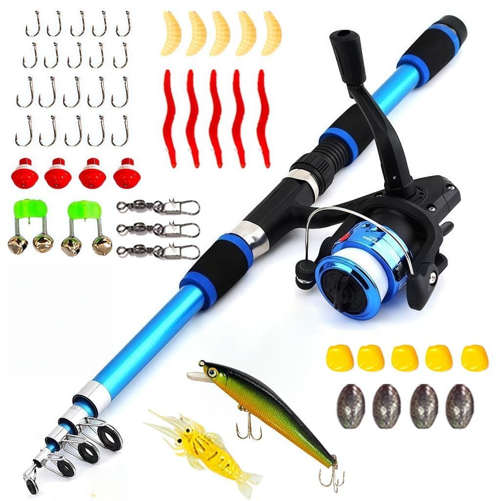 Kit De Pesca Completo 1 Vara Telescópica 12 Lbs + 1 Molinete Com Linha - Acessórios Iscas, Anzóis, Chumbadas