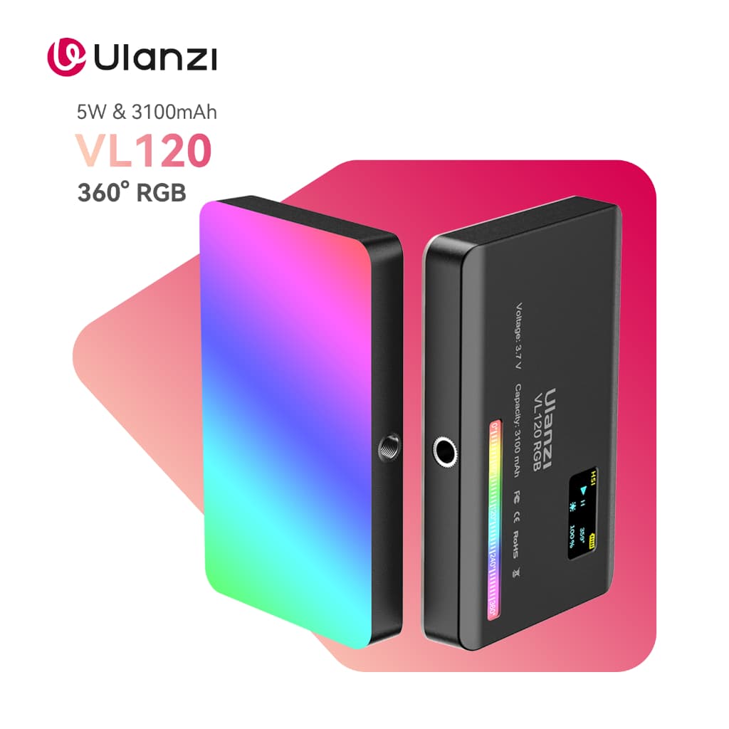 Luz de vídeo ULANZI VL120 RGB, Luzes de vídeo de bolso LED On-Camera, Bateria recarregável 3100mAh