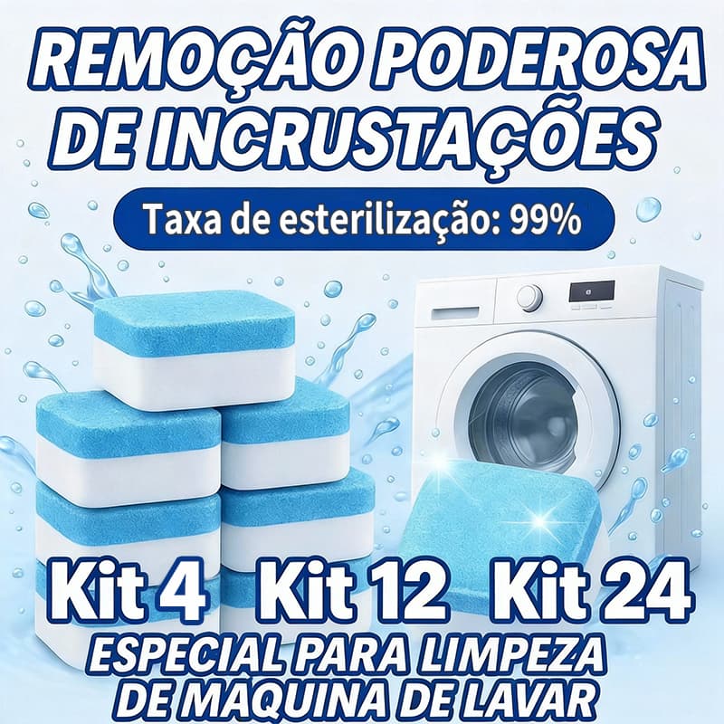 KIT 4/12/24/36 Pastilhas para Limpeza de Máquinas de Lavar Roupas Efervescentes Multifuncional
