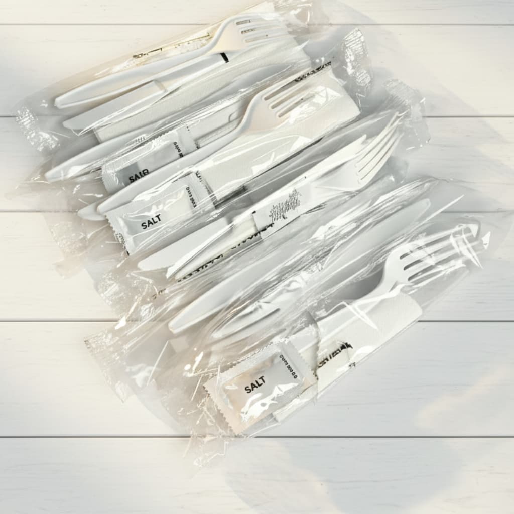 Kit Ate 100 Unidades Garfo Faca Sal Guardanapo Descartavel Embalados Restaurante Delivery Festa