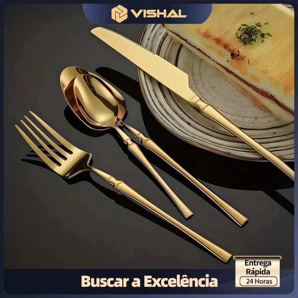 Conjunto de 24 Talheres de Aço Inoxidável Dourado Conjunto de Talheres Cintura Fina Dourado Série Deluxe