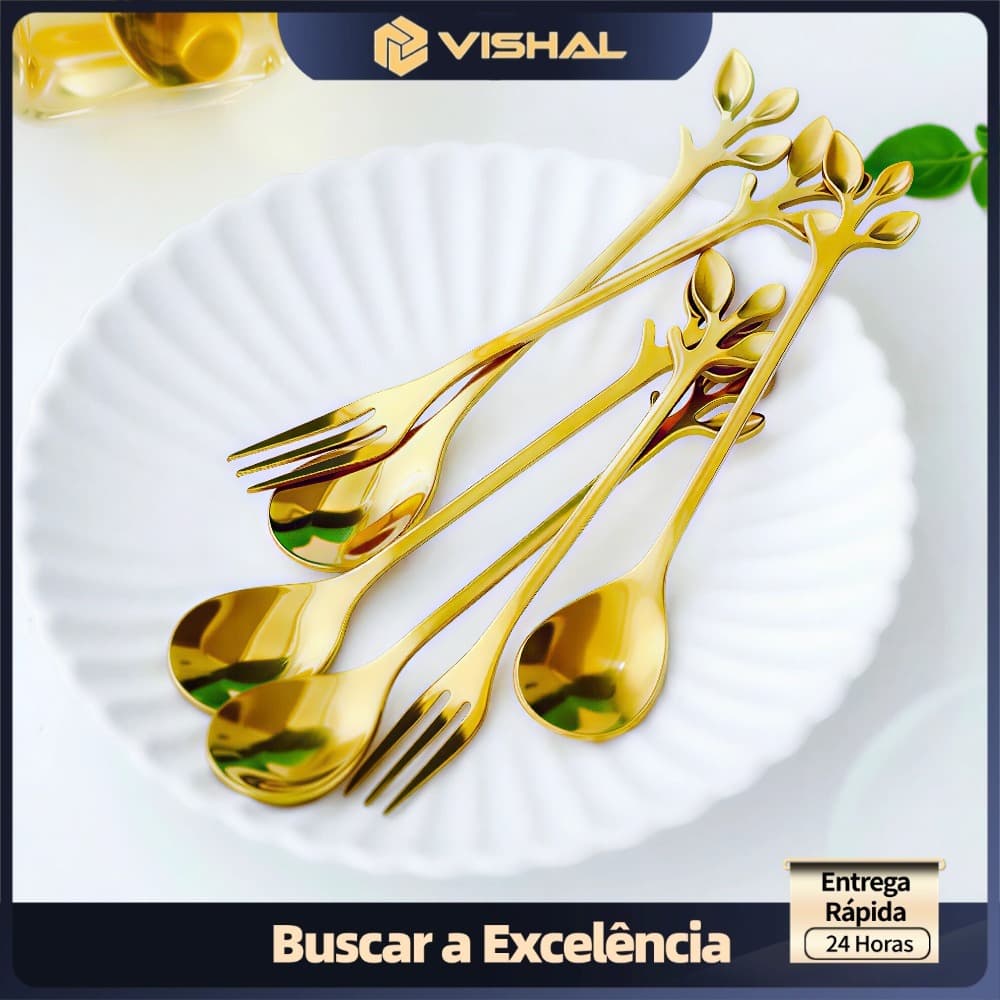 Kit Talheres Dourado 10/20/30/40 Peças - Garfo e Colher de Sobremesa Inox Luxo Para Café