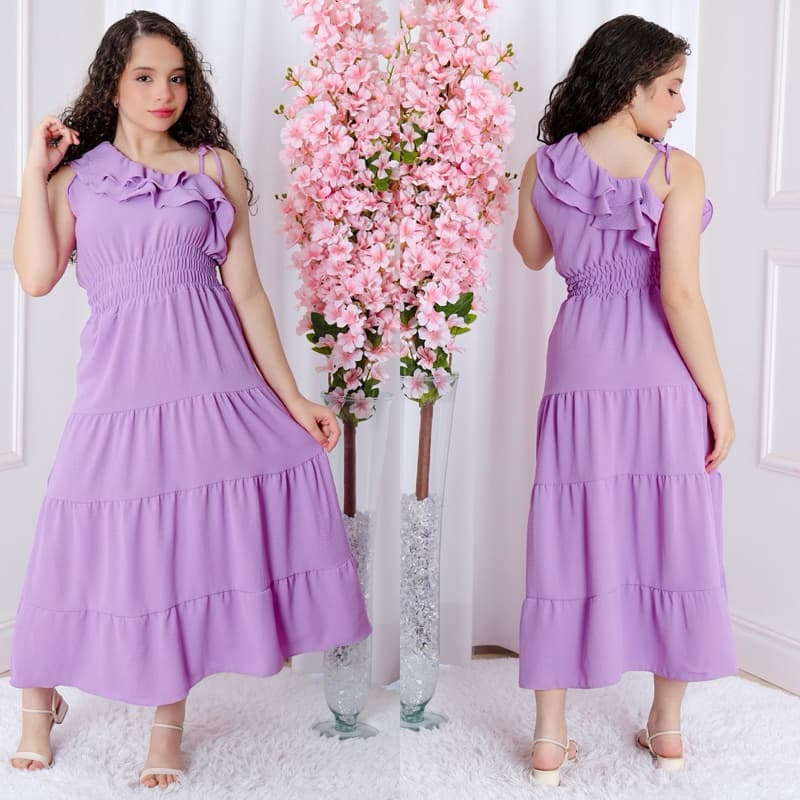 Vestido longo Juvenil y infil 2 babados y lazo  mula manga