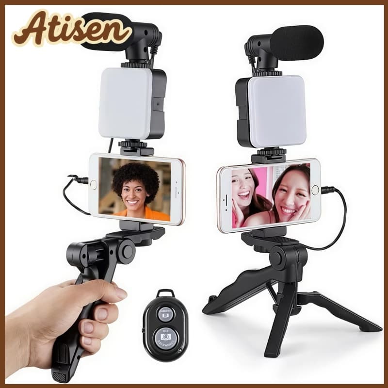 Kit 5/7 Tripé Estabilizador de Mão Gimbal Microfone Celular Gravação De Vídeo Controle Remoto