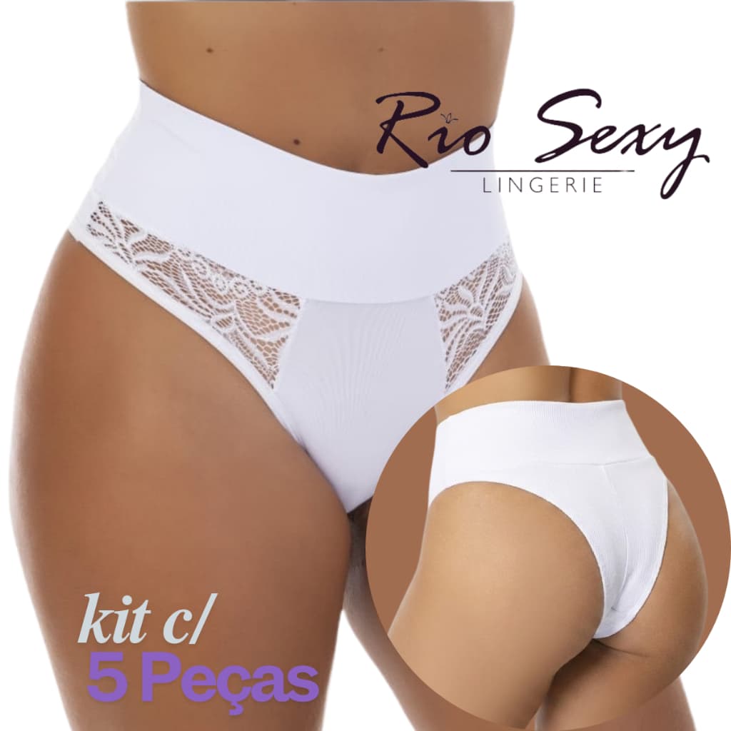Kit 5 Calcinhas Cintura Alta Microfibra detalhe Renda Conforto Dia a Dia Tanga