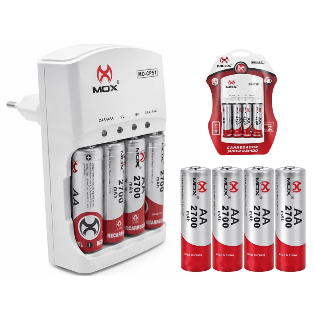 Kit Carregador + 4 Pilha AA 2700mAh Mox Recarregável