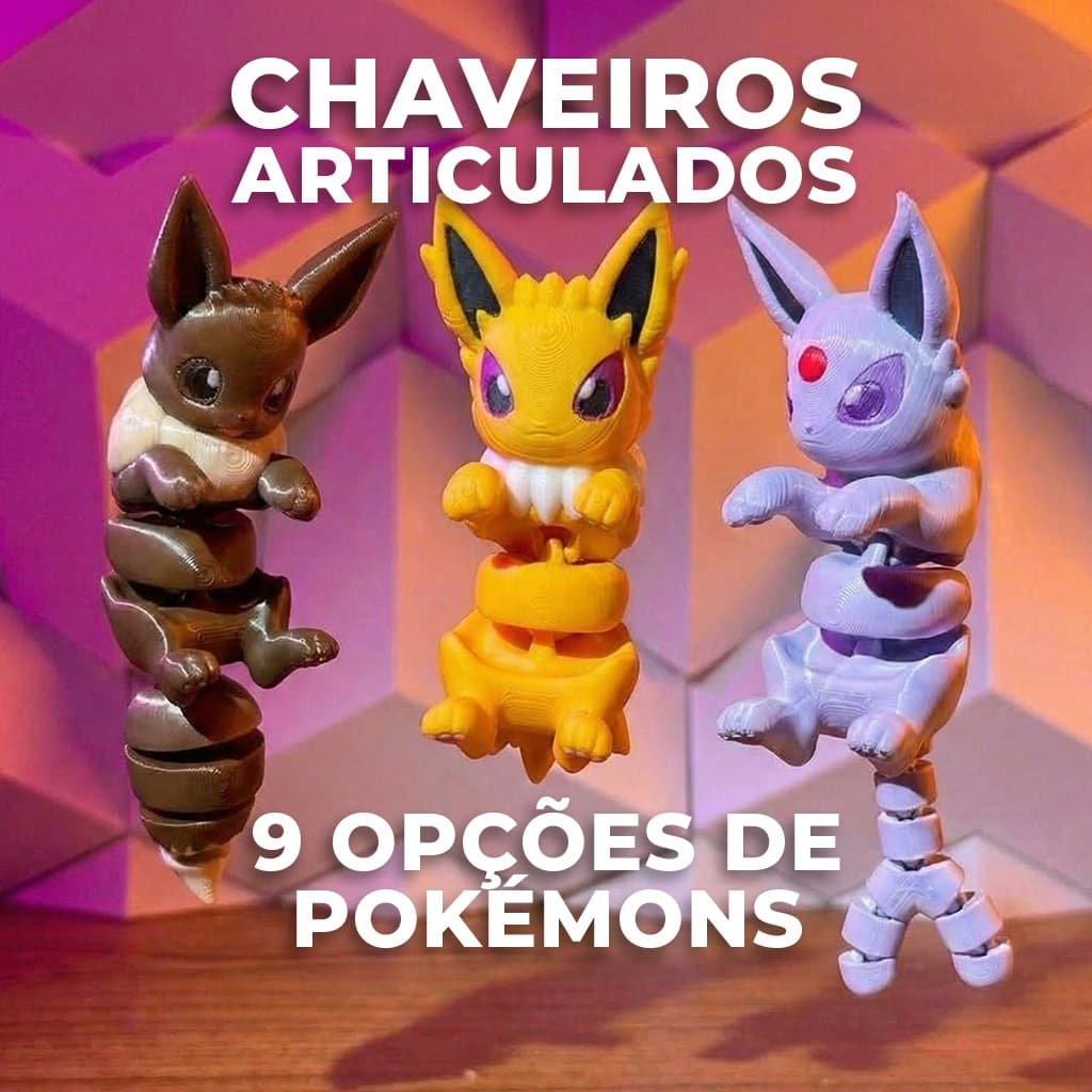 Chaveiro Pokémon Articulado com Movimento Pokémons Eevee, Leafeon, Vaporeon,  Sylveon, Glaceon,  Espeon, Miau, Espeon