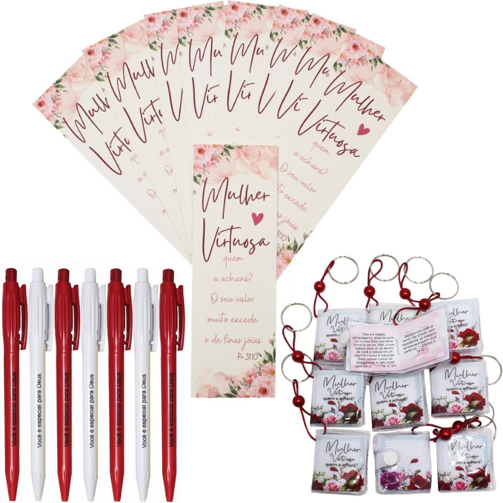 Kit Lembrancinhas Evangélicas Mulher Virtuosa Marca Página Caneta e Chaveiro Bíblia