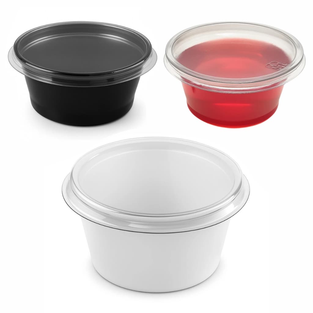 Potinho Molheira Branca, Preta e Cristal 30mL Pote com Tampa Pacote com 50, 100, 150 & 200 Unidades