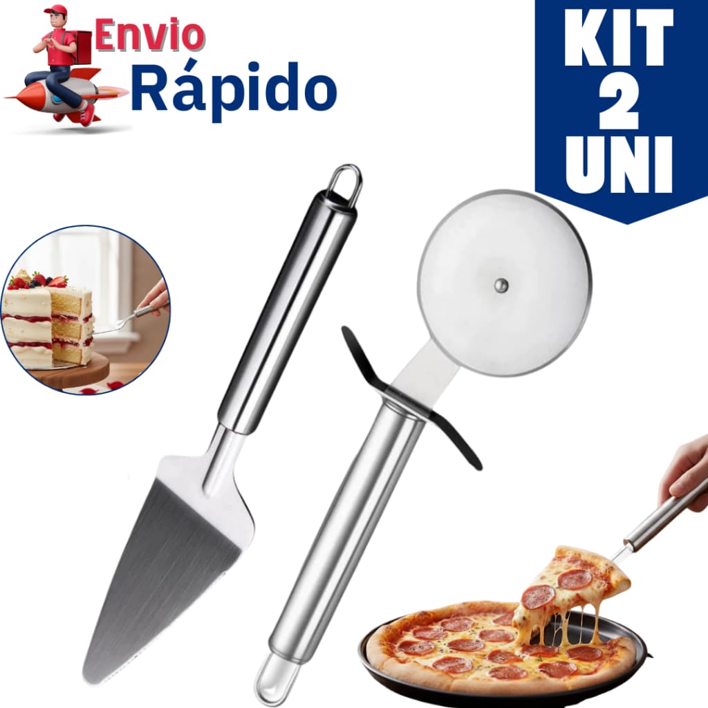 Kit Espátula Inox para Bolo + Cortador de Pizza Carretilha – 1 ou 2 Conjuntos