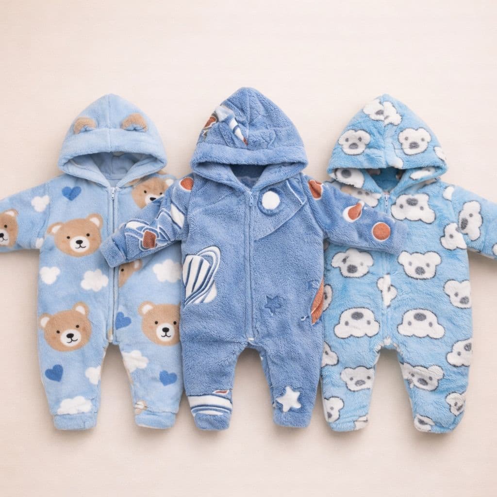 Kit 3 Peças Macacão Bebe Inverno Microfibra Com Capuz Menino