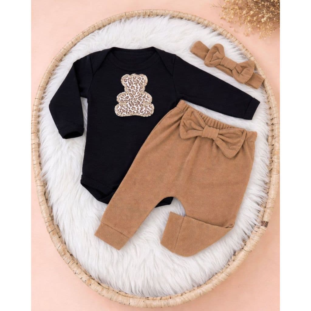 Conjunto Roupa Bebê Menina Conjuntinho Kit 3 Peças Calça Body Faixa Feminina Roupinha Infantil