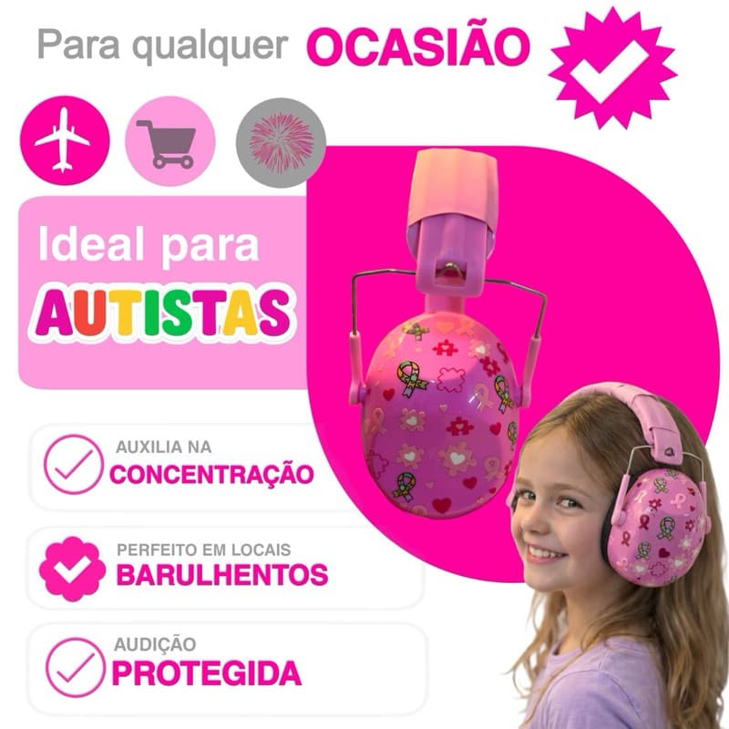 Abafador PINK TEA PRO 32 Autismo Infantil Fone Protetor de Som Ouvido Auricular Ruido Super Confortavel Tdah Tea Autista