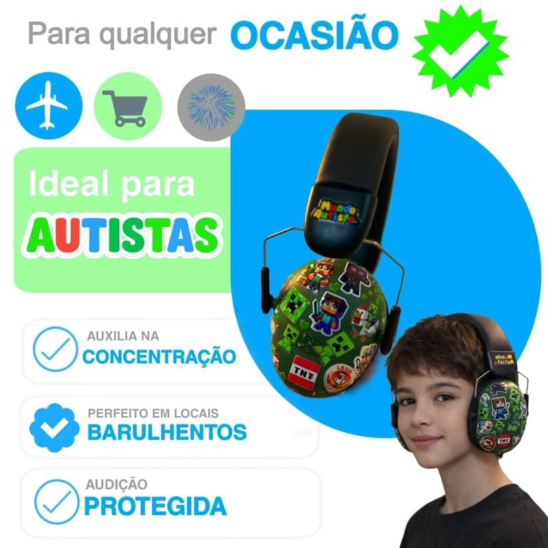 Abafador Minecraft 32 DB Autismo Infantil Fone Protetor de Som Ouvido Auricular Ruido Super Confortavel Tdah Tea Autista