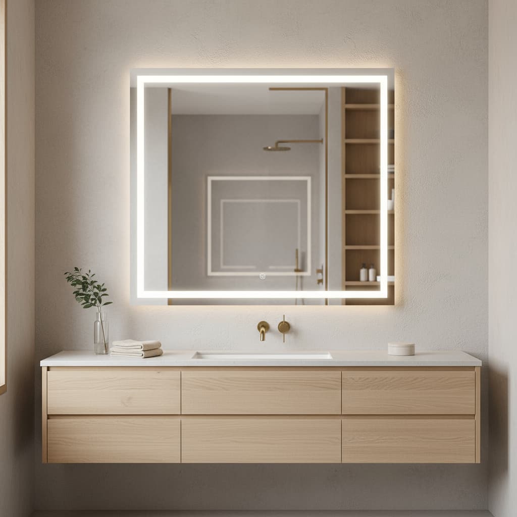 Espelho LED Quadrado Jateado 3 Cores Lapidado Vários Tamanhos Banheiro Luxo