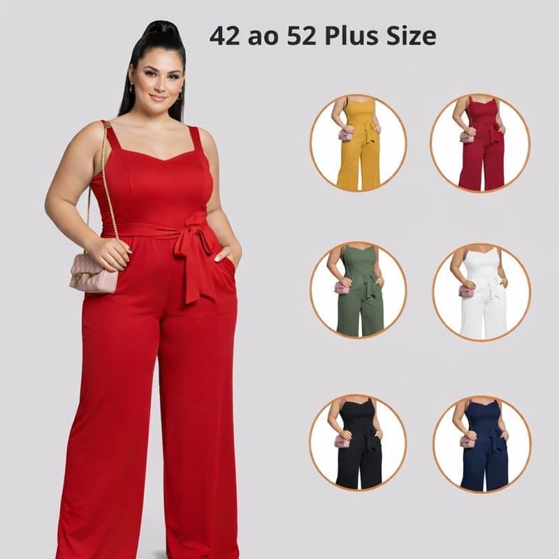 Macacão Longo Plus Size Feminino Soltinho Laço com Botões Macaquinho Verão Tendência Blogueira Moda Gringa