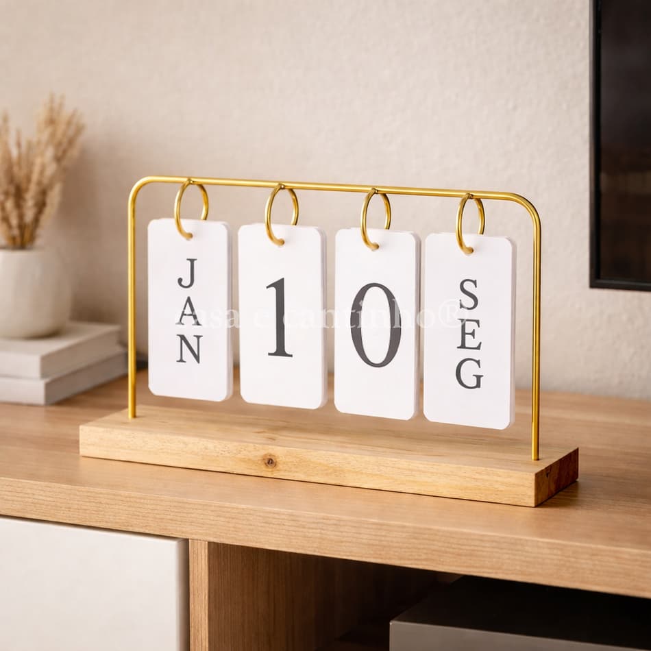 Calendário de Mesa Decorativo com Plaquinhas Dourado Permanente Escritório