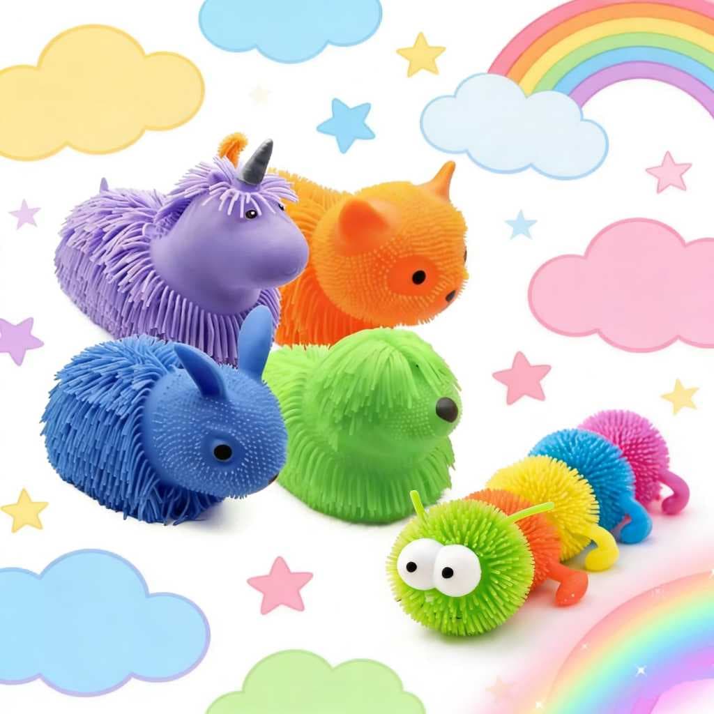 Brinquedos antiestresse do tipo apertar, incluindo formatos de coelho, cachorrinho, gatinho, lagarta e unicórnio.