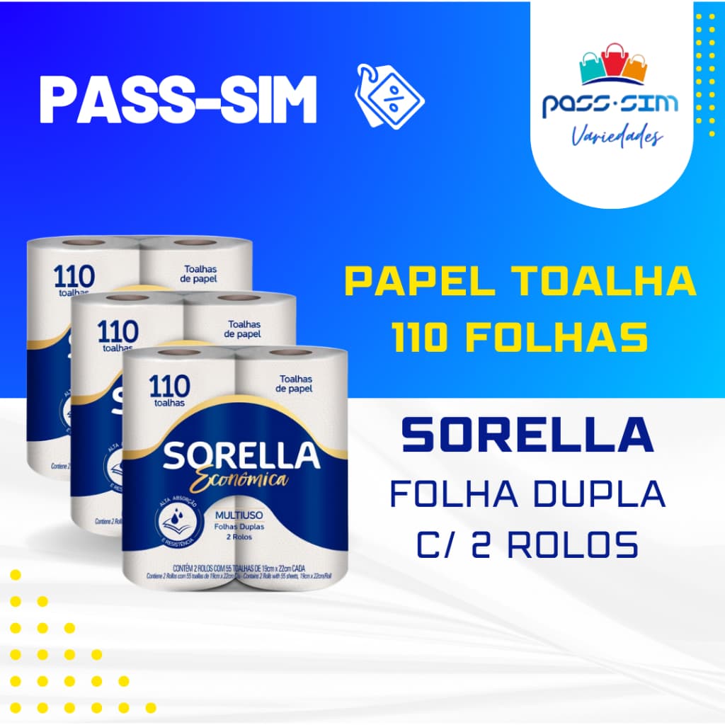 Kit com 3 Papel Toalha Branco Para Cozinha 19x22cm Pacote Com 2 Rolos Sorella Alta Absorção