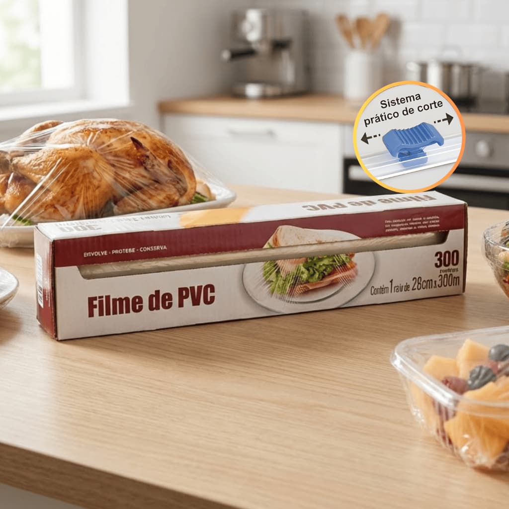 Filme PVC 300 Metros 28cm com Cortador Uso Doméstico e Profissional