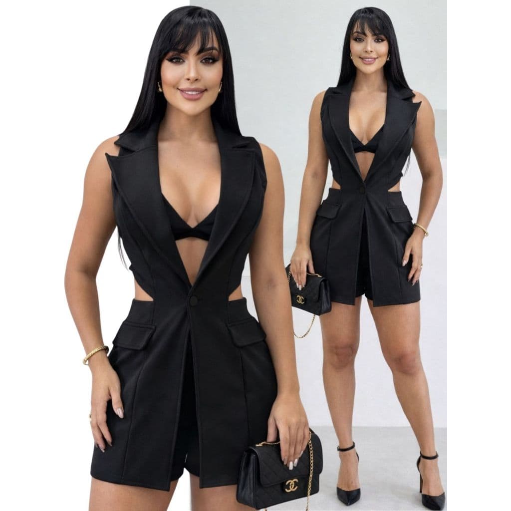 Macacão Macaquinho Blazer Colete Feminino Curto Cropped Top Montaria Balada Elegante