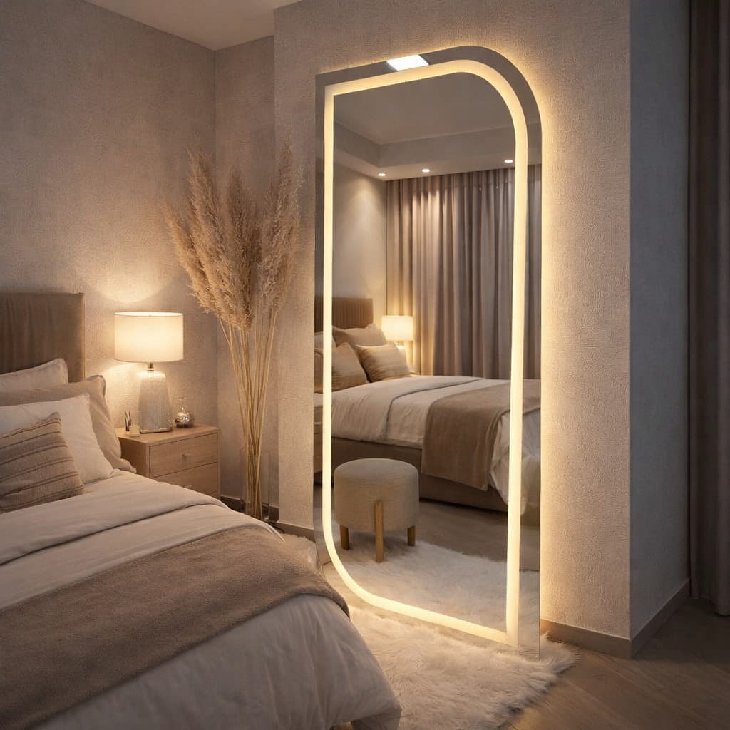 Espelho Orgânico EL24 Corpo Inteiro 170cm x 70cm Polido LED Jateado Luz Branca e Luz Amarela Sala Quarto Banheiro