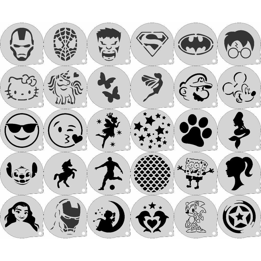 30 Stencil Personagens Infantis Pintura Facial Decorar Café Azul