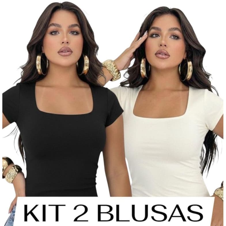 Kit 2 Baby Tee Blusinha Manga Curta Decote Quadrado Forro Duplo Malha Suplex Premium Camiseta Blusa